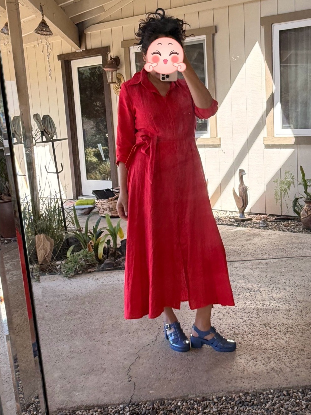 Elegant Red Maxi linen Shirt Dress with Tie Waist - Picture 8 of 8